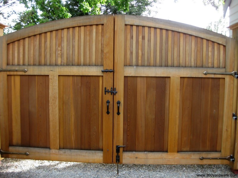 Double Wooden Driveway Gate with Dark Bronze Thumb Latch, Drop Bolt/Cane Bolt, and Surface Bolt to secure gates