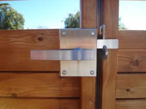 Inside View of Alta Contemporary Stainless Steel latching onto a double gate