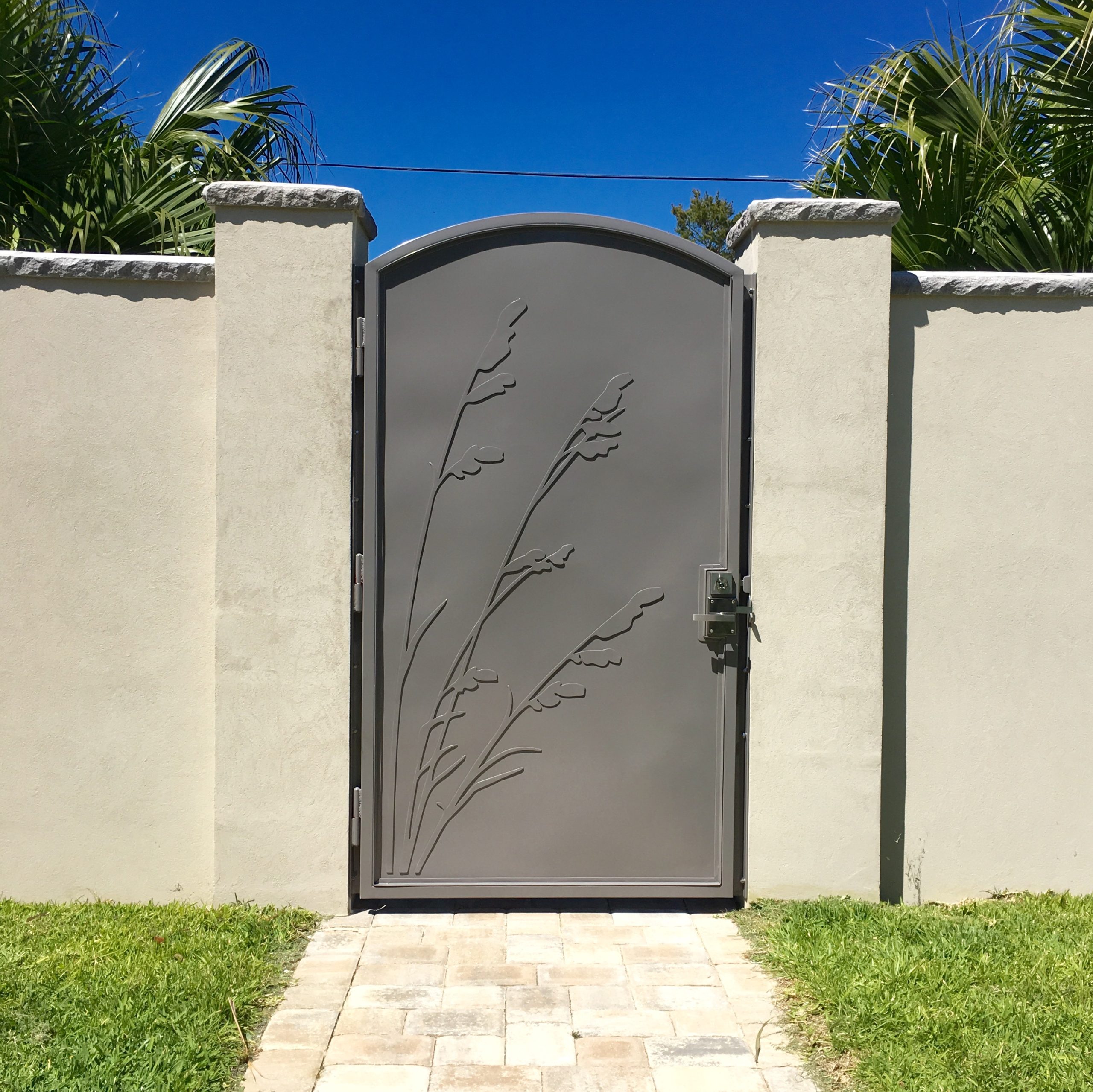 Contemporary Metal Gate with Alta Gate Latch and Stainless Steel Square Deadbolt