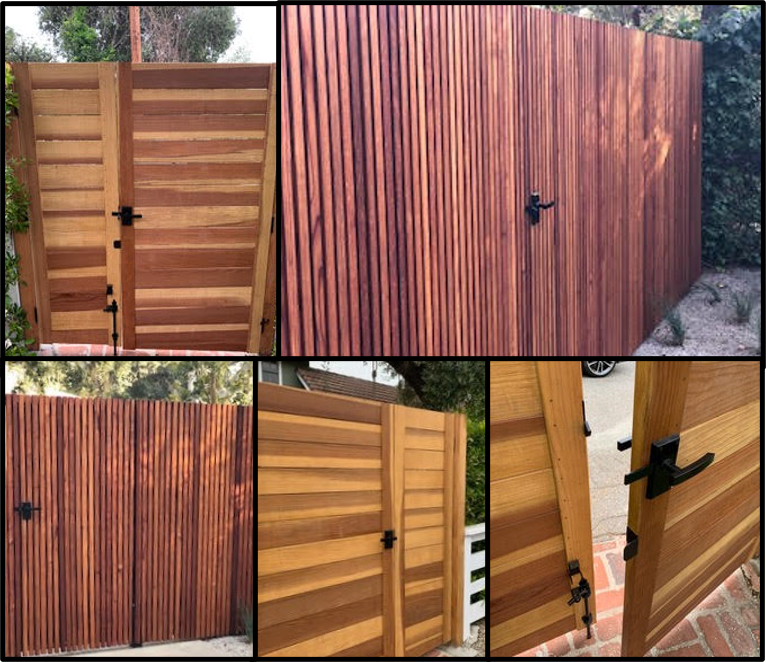 Collage of two fences with 360 Yardware Nero Contemporary Gate Hardware