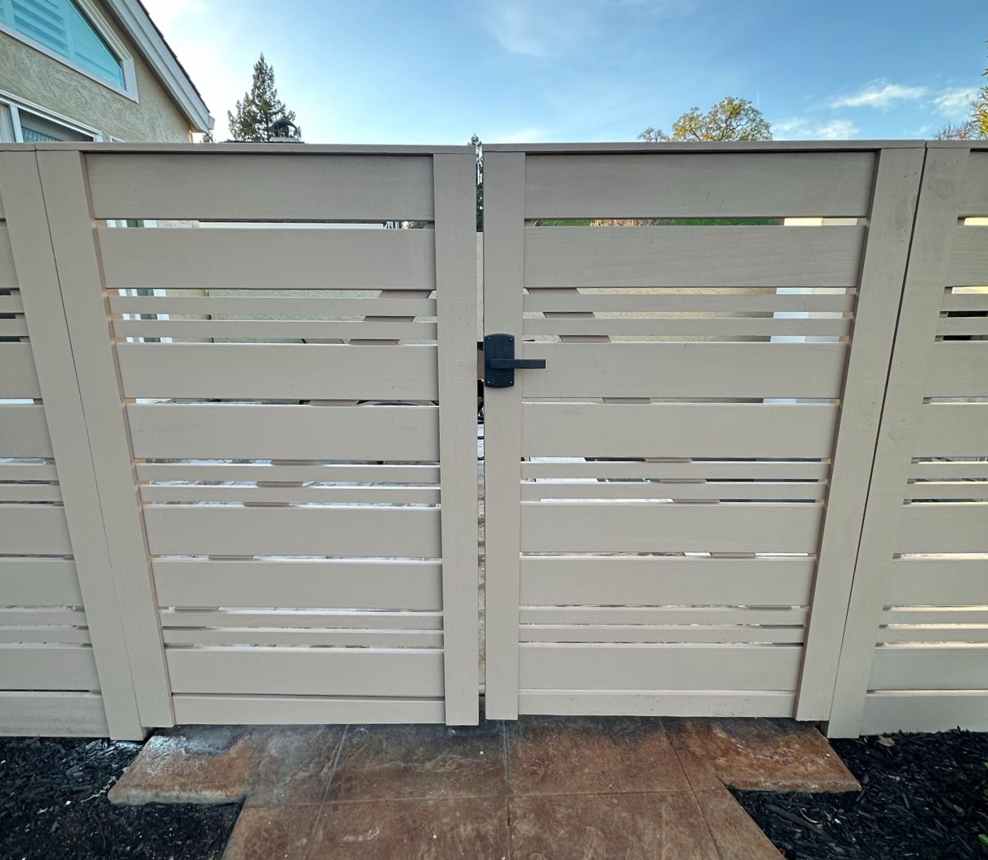 Front of Gate with Coastal Bronze Black Contemporary Arch Plate Lever Latch F1-401-35-M-SET 360 Yardware