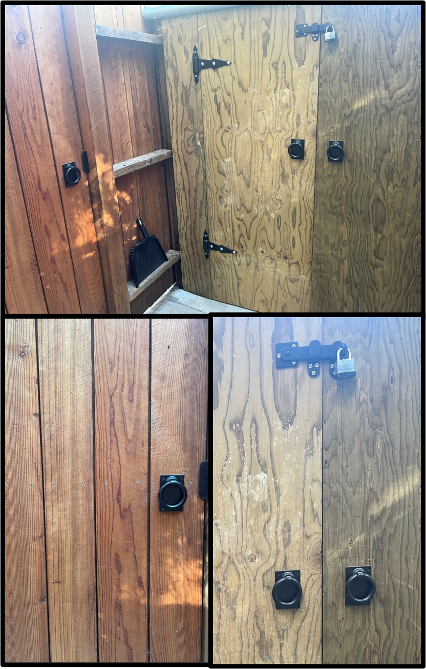 Shed and Gate with Snug Cottage Contemporary Ring Latch, Dummies and Coastal Bronze Lockable Flip Latch